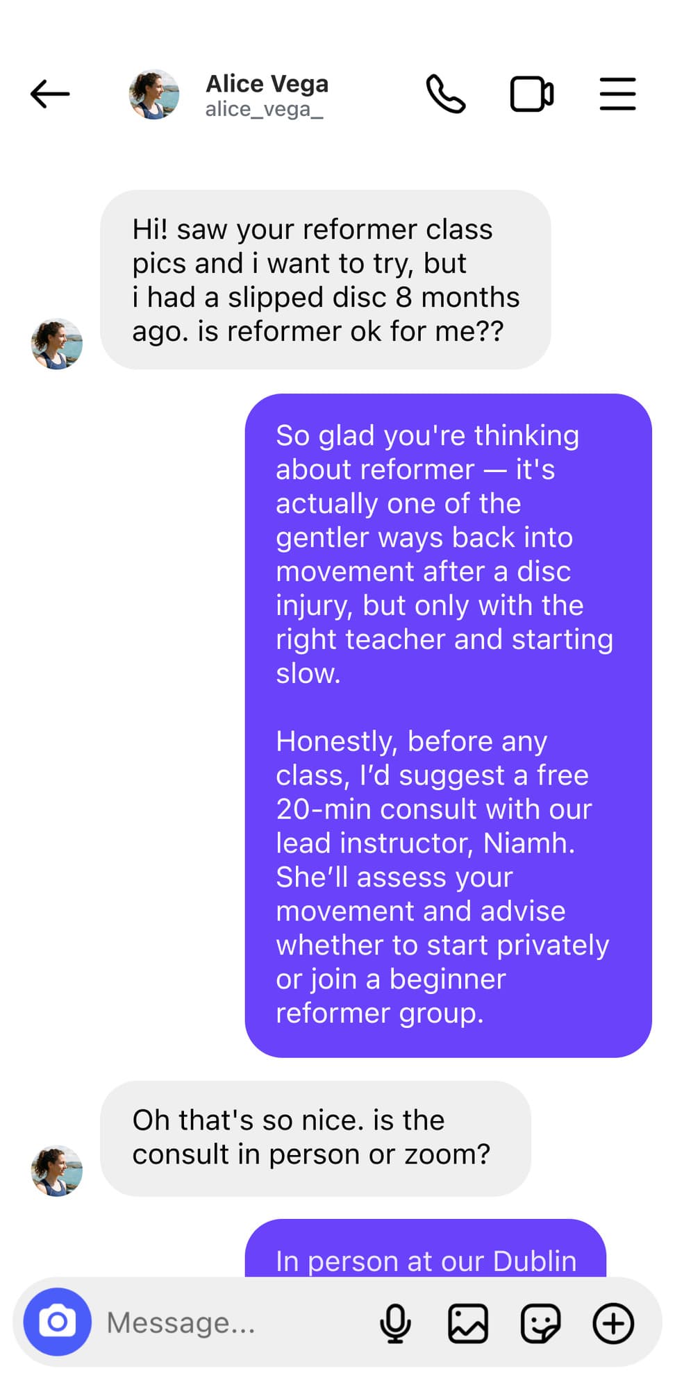 Pilates studio · Medical enquiry handled, free consult booked · EN