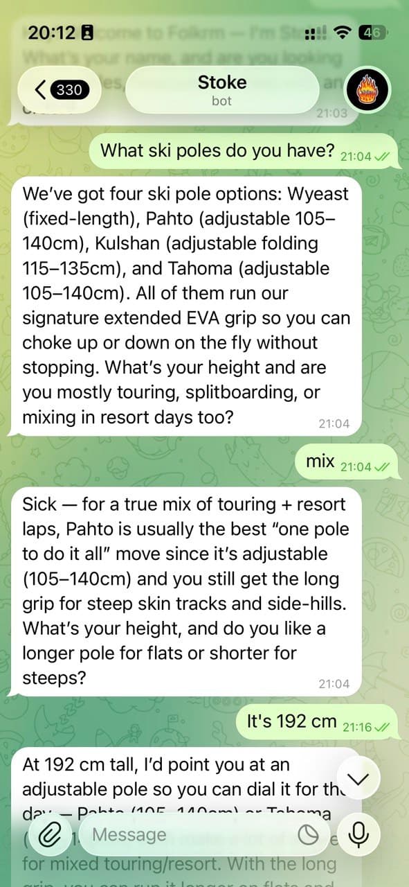 Ski gear shop · Product knowledge + sizing recommendation · EN